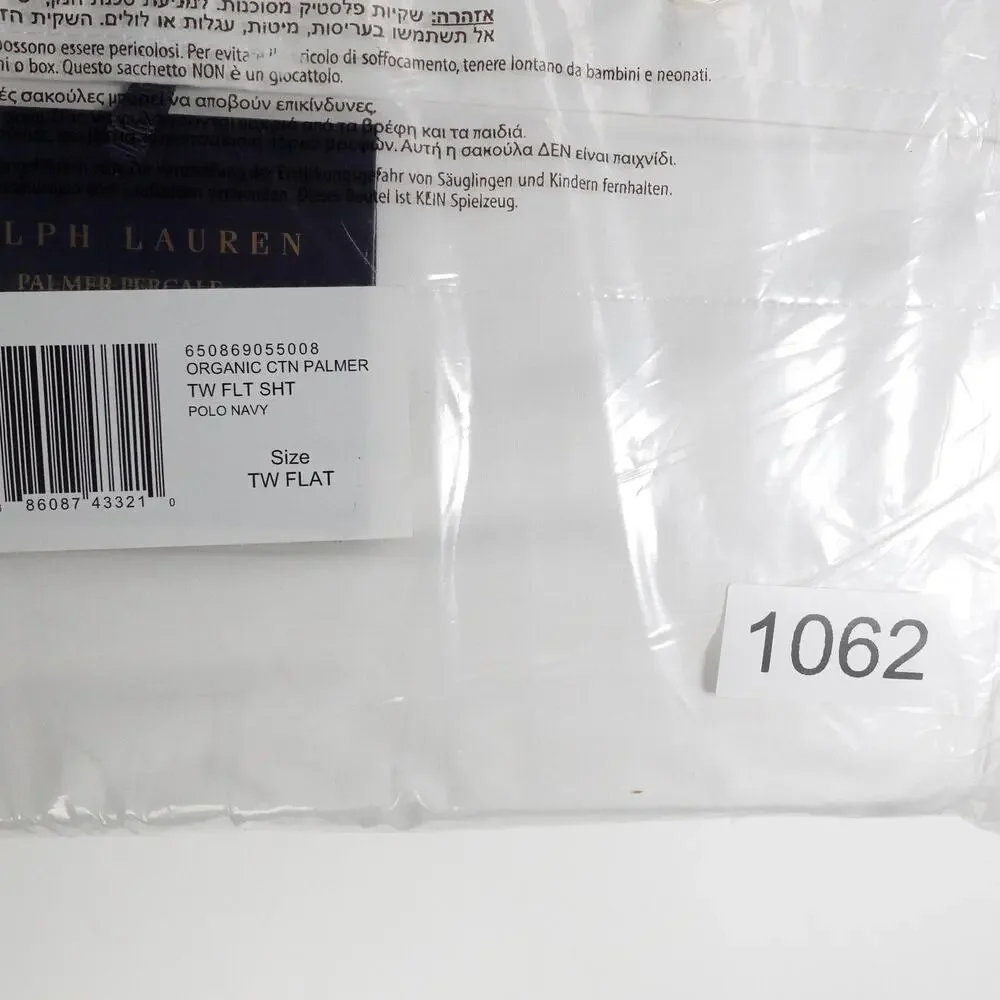 New Ralph Lauren Organic Cotton Percale Palmer Twin Flat Sheet White/Polo Navy